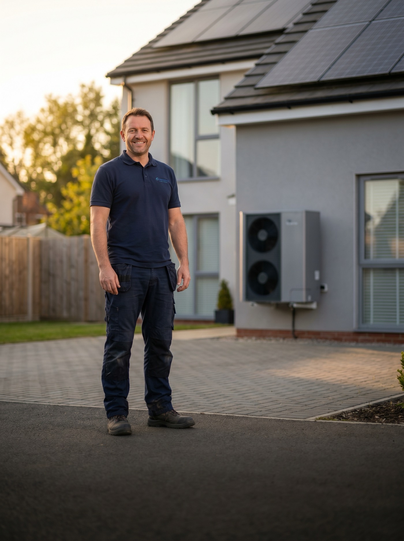 Entrepreneur licencié RBQ en vêtements de travail marine devant une maison avec des panneaux solaires sur le toit et une thermopompe à l’heure dorée